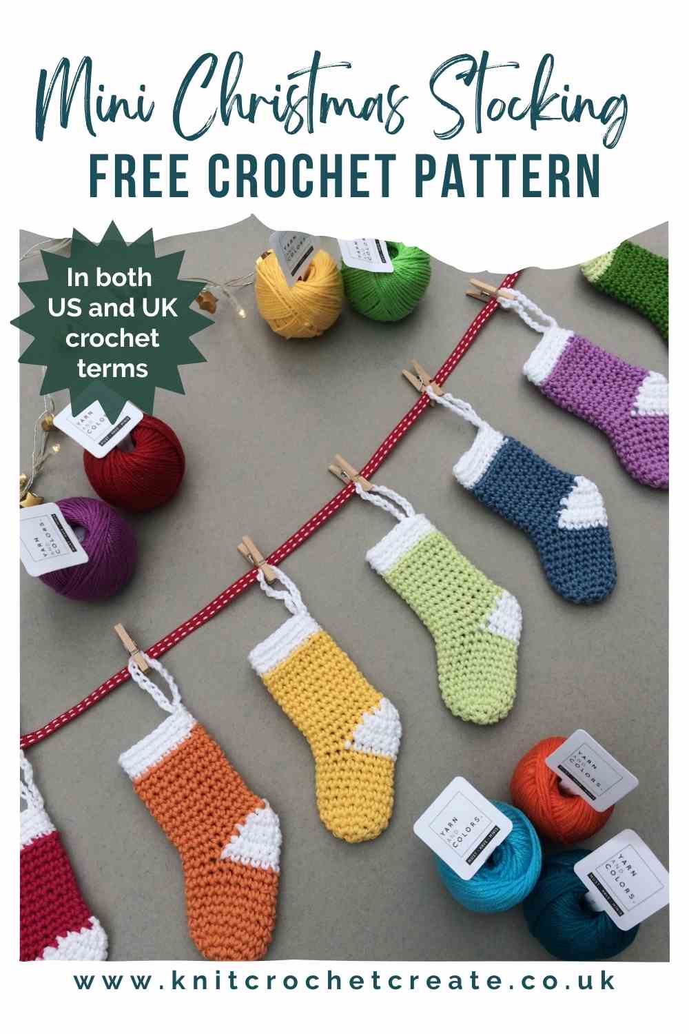 Colourful Mini Crochet Stockings strung onto a thin red ribbon with wooden pegs for a rustic feel.