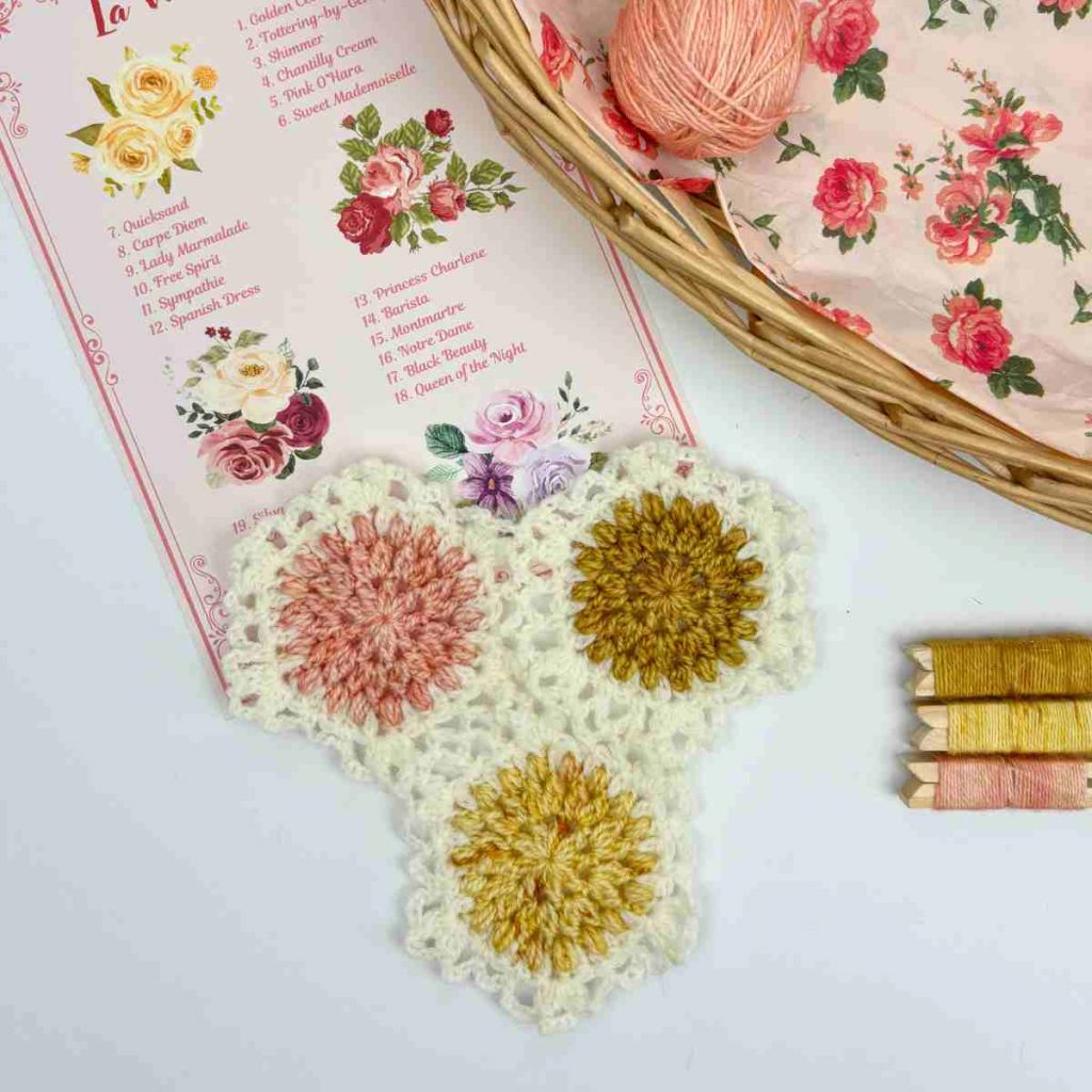 Crochet Granny Hexagon Motifs made from free pattern, joined together using join as you go crochet method. 