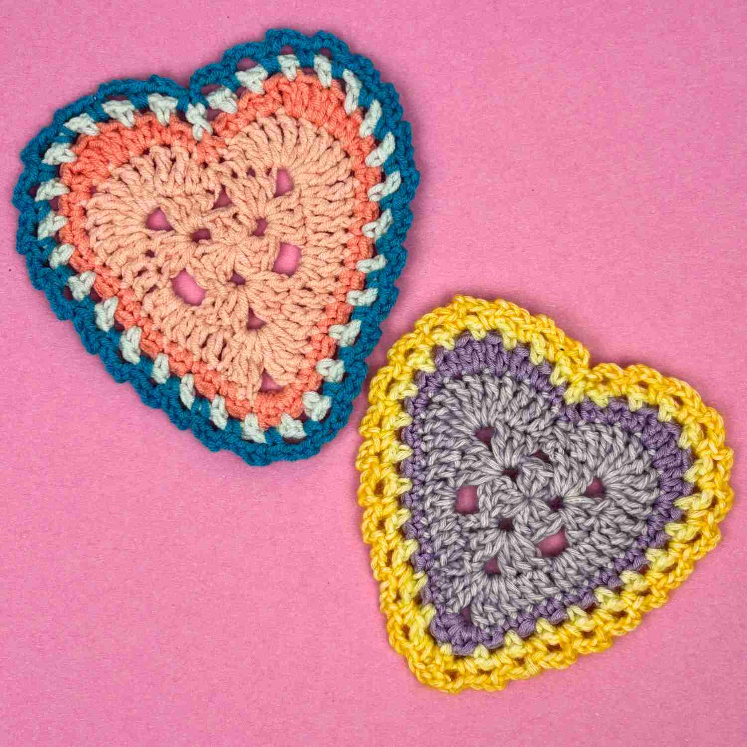 Two Granny Square Crochet Hearts shown in pastel colours.