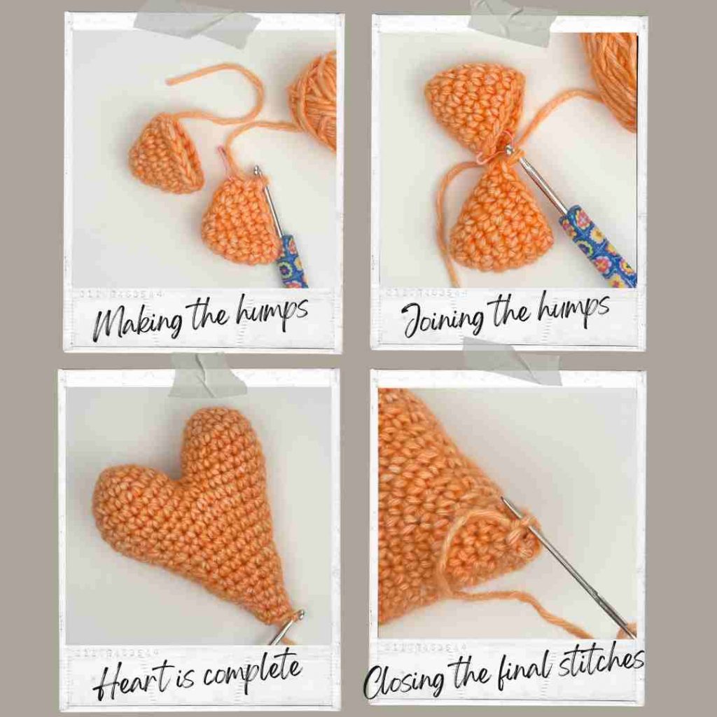Steps showing how to make the amigurumi heart pattern, making the heart humps and joining them.