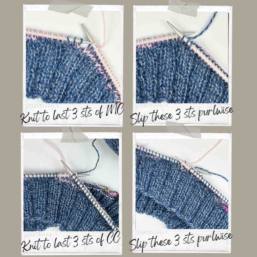 Step tutorial for helix knitting, showing last 3 sts of the round to be slipped purlwise.