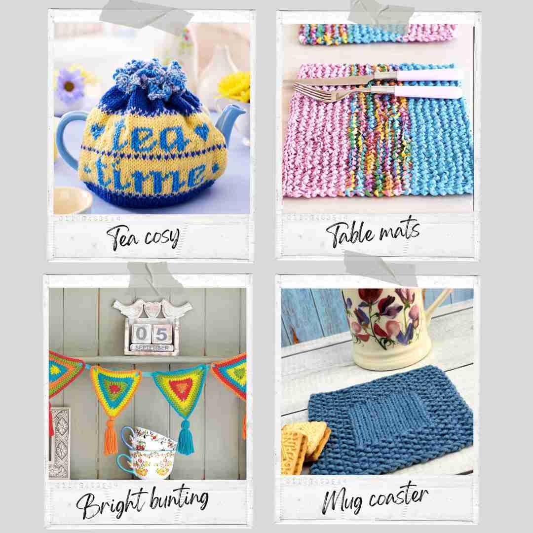 Knitting and crochet home projects, including bunting, coasters, table mats and a tea cosy.