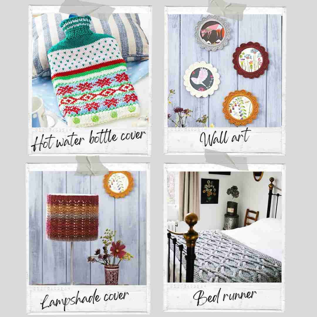 Home Decor ideas for knitting and crochet, showing knitted and crocheted home decor projects.