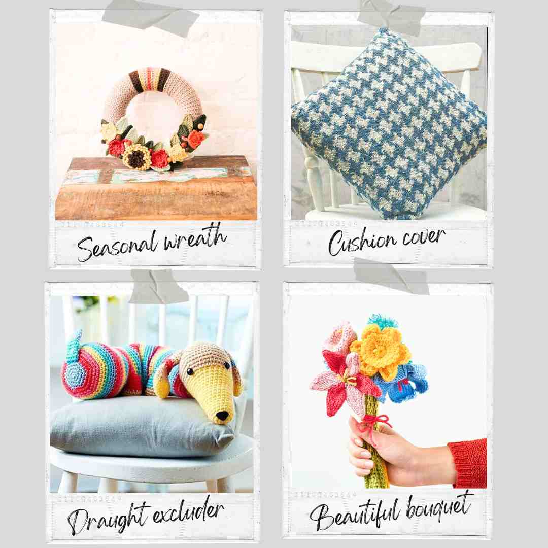 Home Decor ideas for knitting and crochet, showing knitted and crocheted home decor projects.