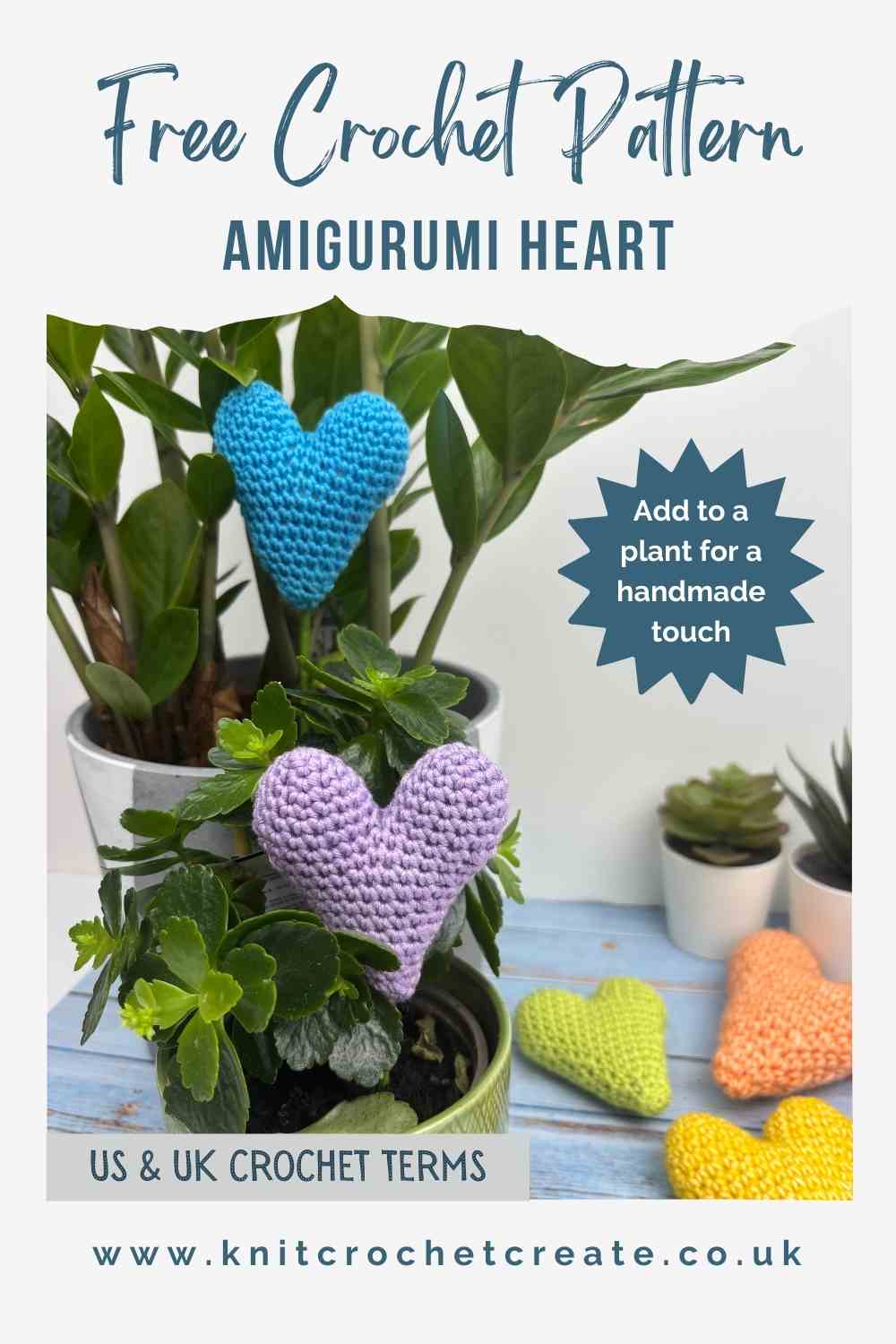 Amigurumi Hearts made from free crochet pattern, in various bright colours.