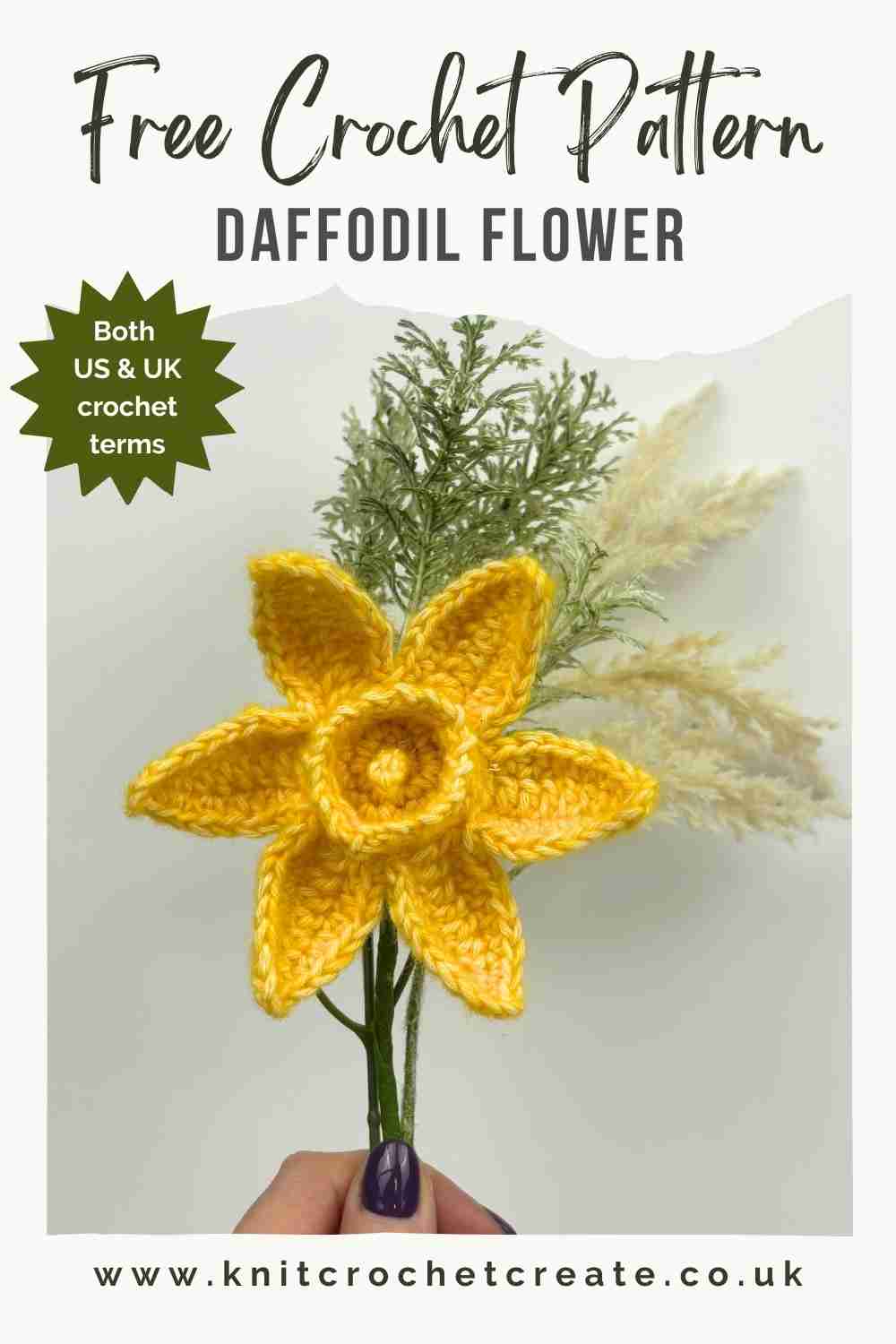 Crochet daffodil flower on a wire stem, made from free pattern.