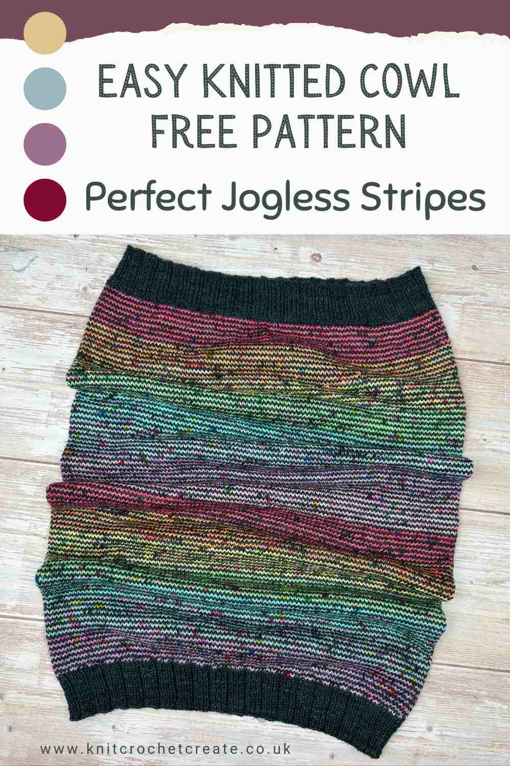 Pin image for Easy Knitted Cowl Pattern showing full cowl in colourful yarn with Black contrast.