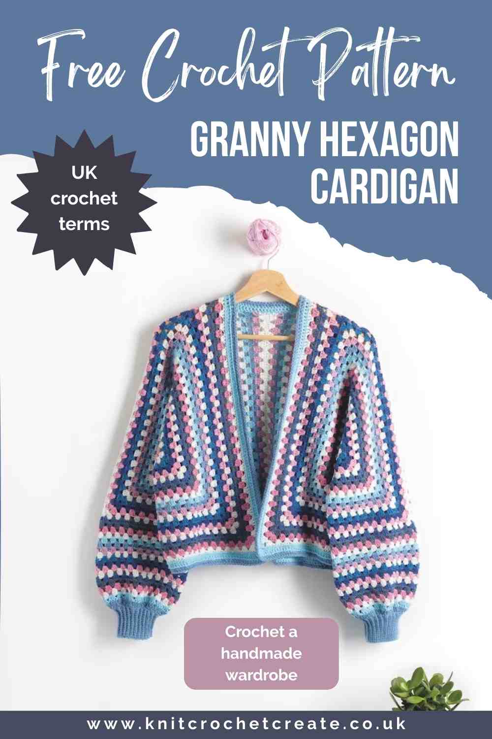 Granny Hexagon Cardigan shown in blues and pinks. 