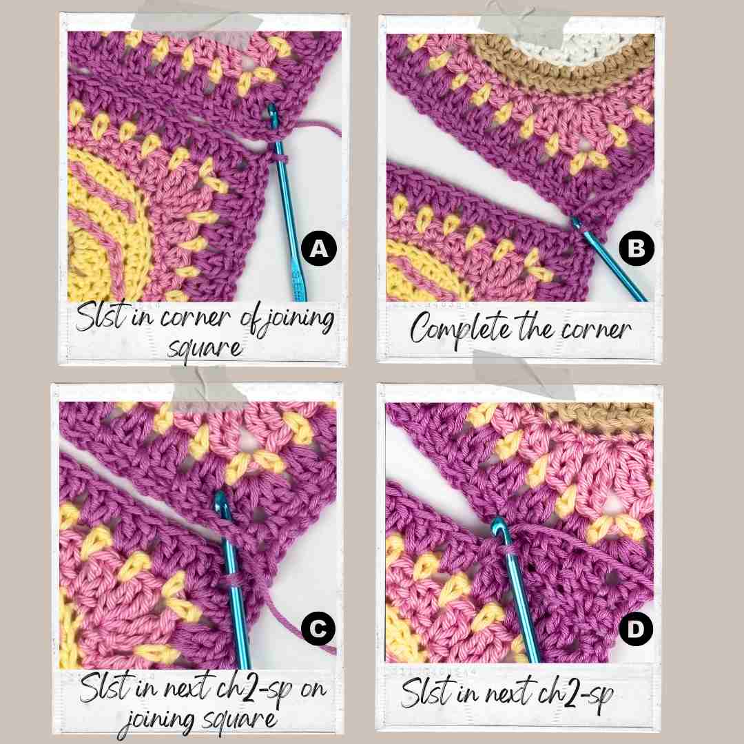 Steps showing how to join-as-you-go with biscuit granny squares.