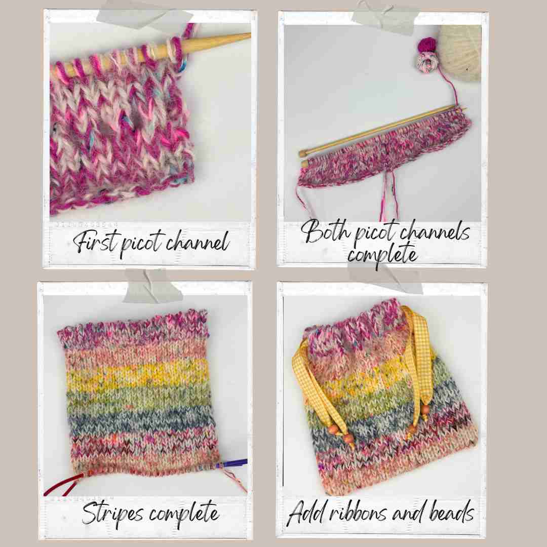 Steps of knitting to make a knitted gift bag.