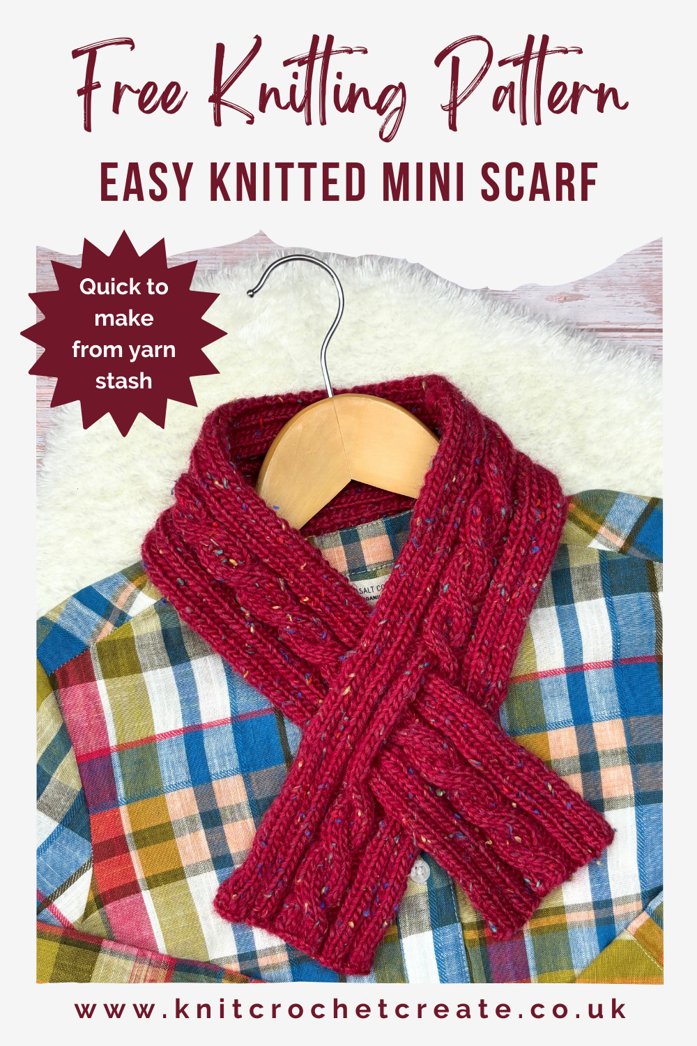 Easy Knitted Mini Scarf Pattern shown in deep red over a checked dress.