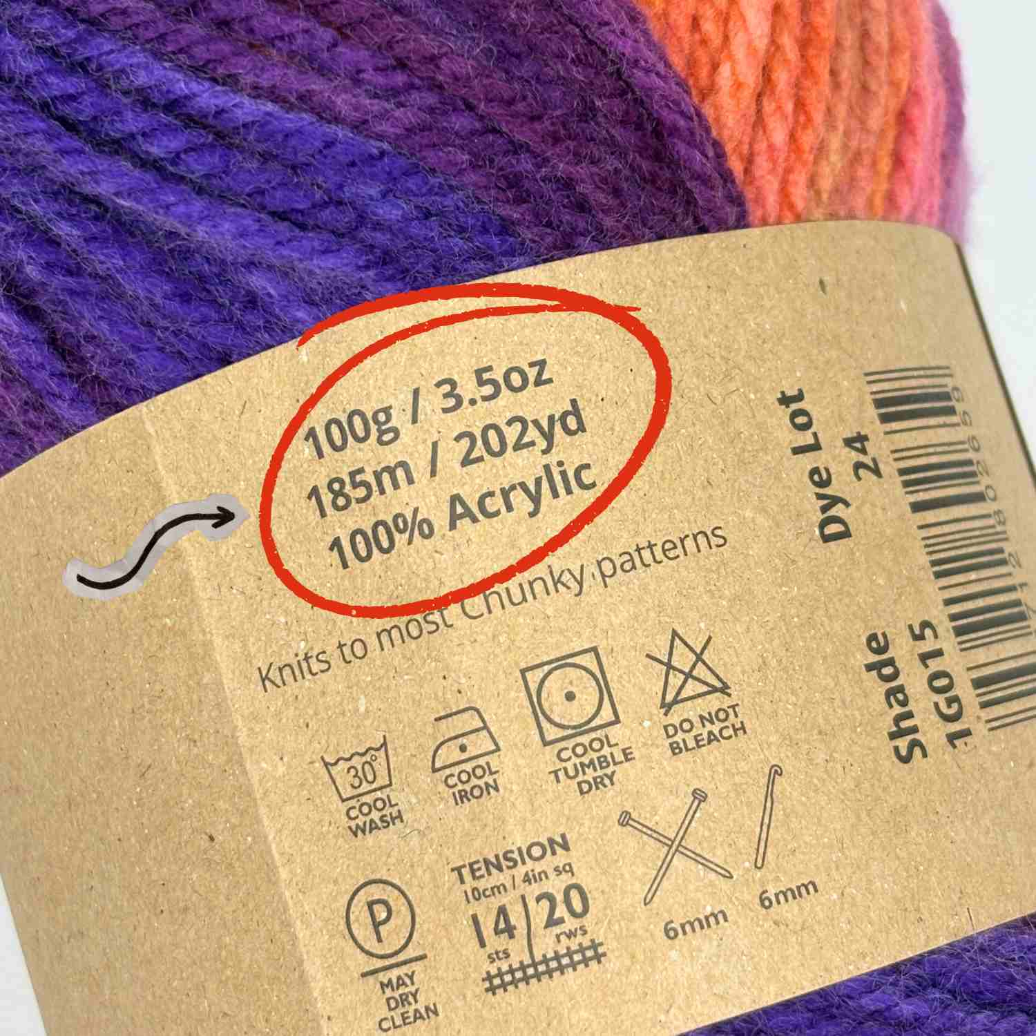 Showing yarn ball band with yarn length in metres and yards - meters per ball.