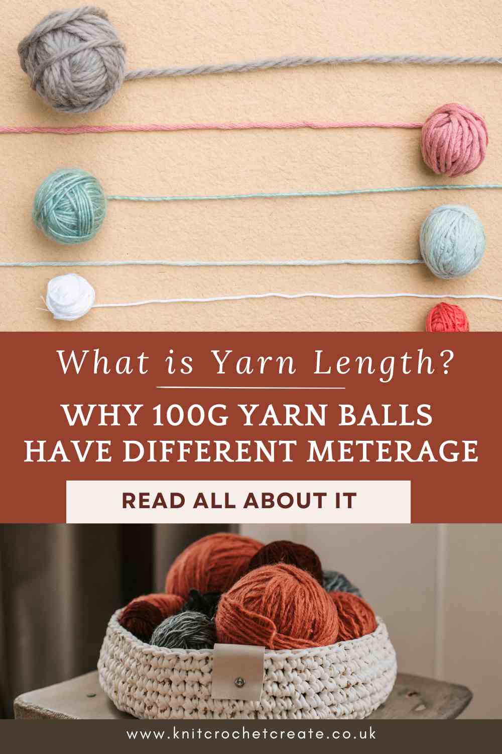 What is yarn length per 100g balls for different yarn thicknesses. For meterage and yardage. Pinterest Pin for blog.