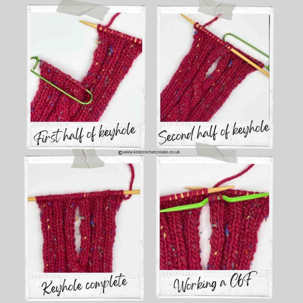 Mini Knitted Scarf Pattern steps for knitting the keyhole section.