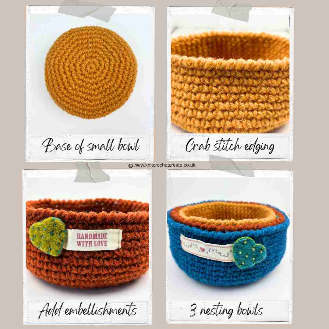 4 images showing steps for free crochet bowl pattern for 3 nesting bowls or baskets.