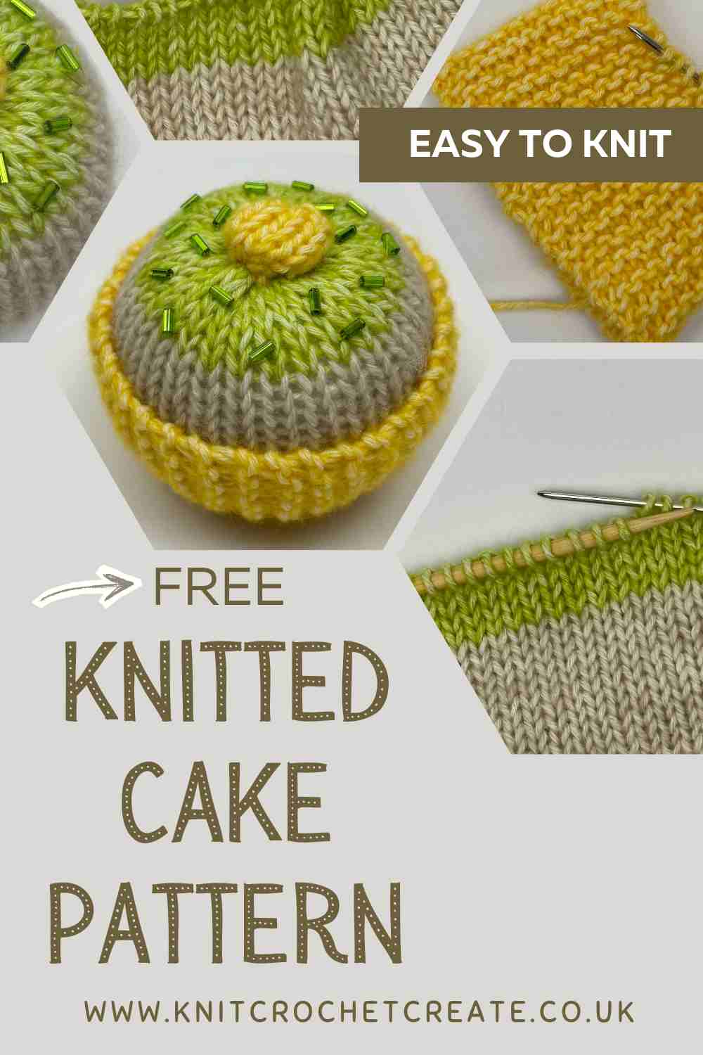Knitted cupcake with green icing and a yellow case with green beads sprinkled on the top.