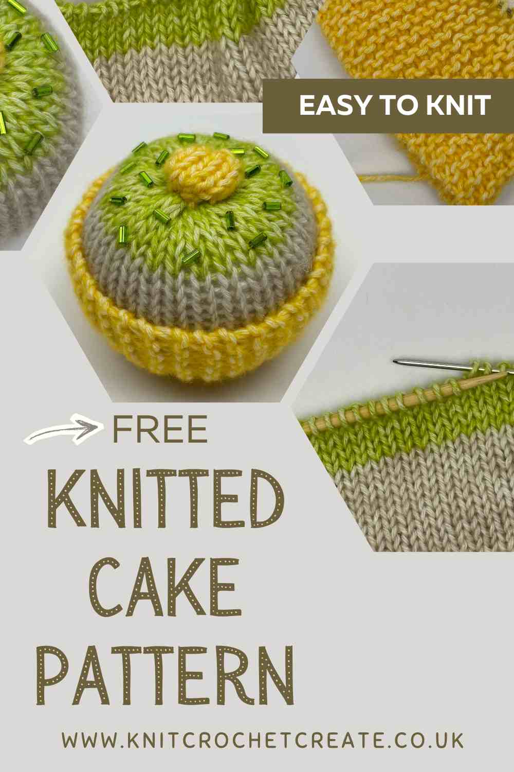 Cute knitted cake with yellow case and green icing top.