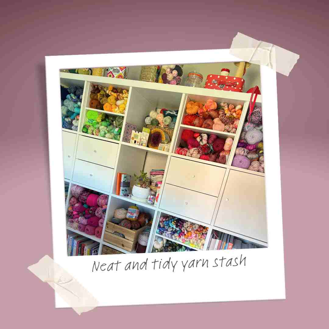 Shelves of my organised knitting and crochet yarn stash. Separated by colour to give a rainbow effect.