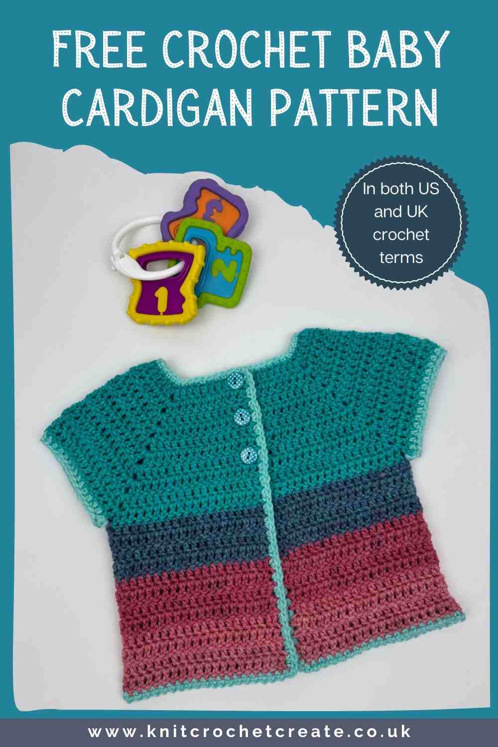 Crochet baby cardigan made from free pattern, in teal blue, and pinks, with three spotted buttons to finish.