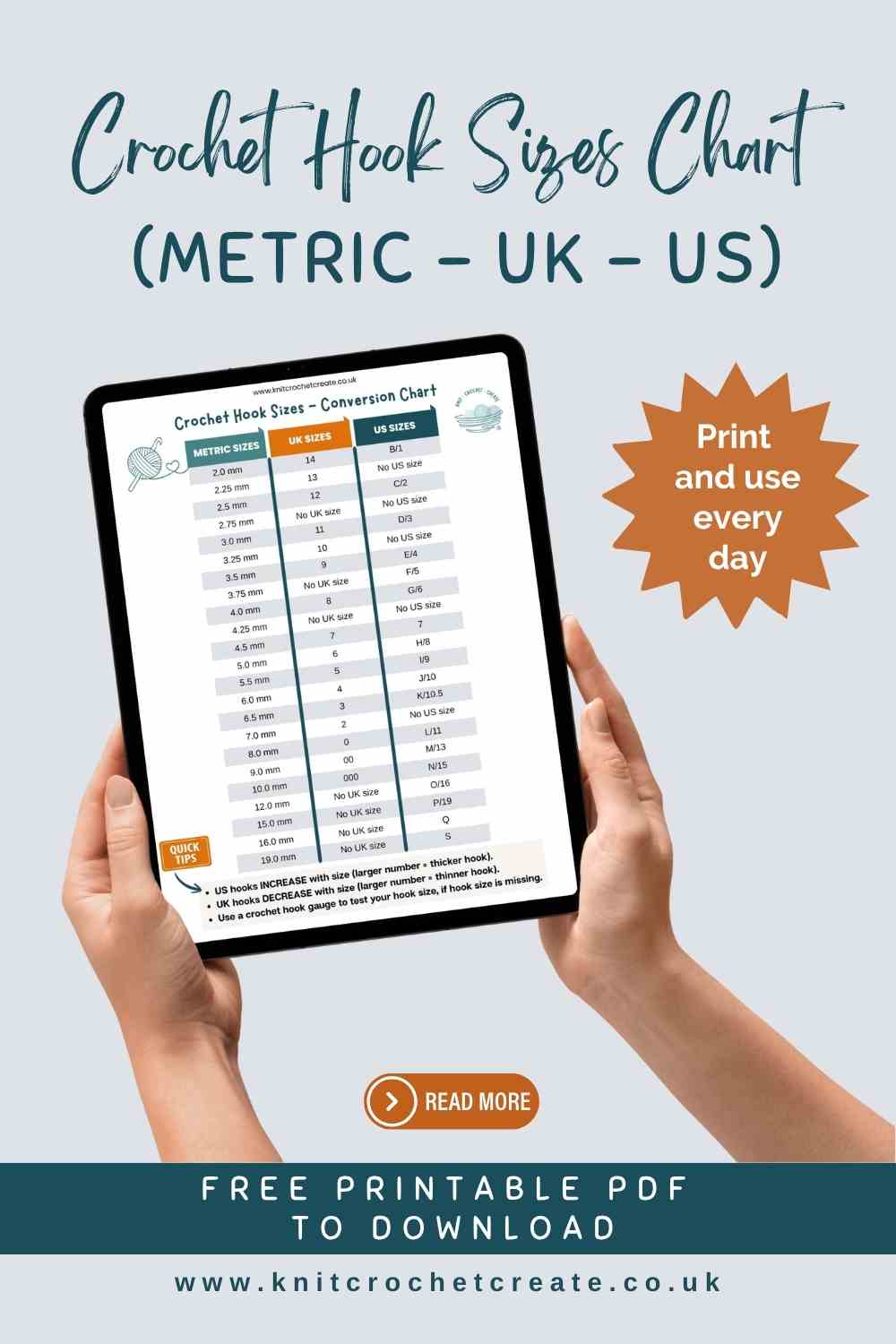 Crochet hook size chart showing UK, US and metric conversions for common needle sizes.