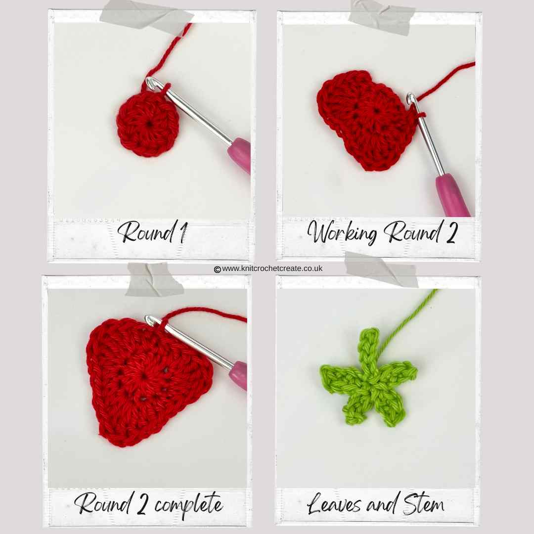 Step-by-step photo tutorial for crochet strawberry motif applique pattern.