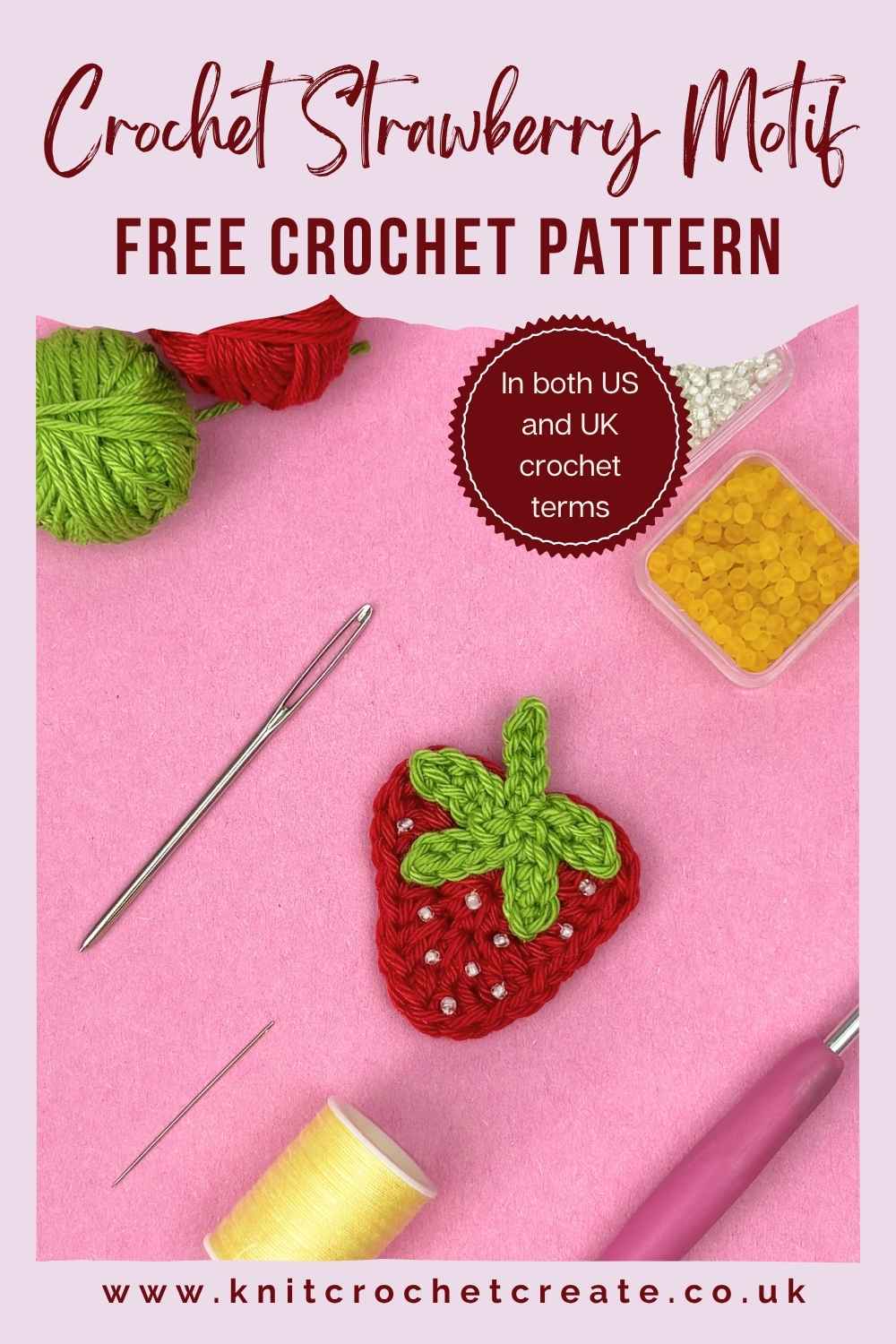 Crochet strawberry motif made from free pattern. Shown on pink background.