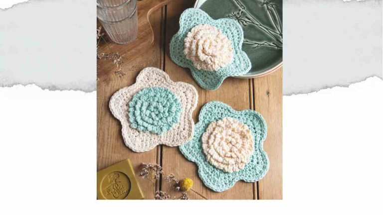 Crochet Flower Scrubbies set of three on a wooden board