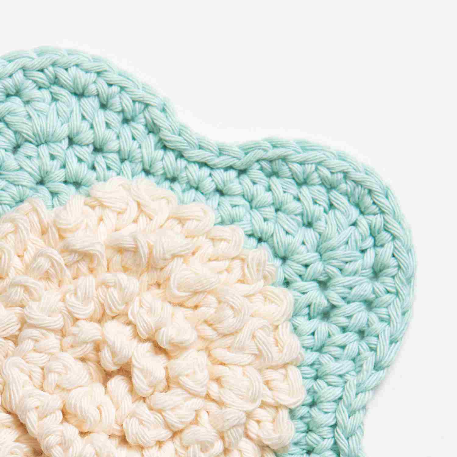 Close-up of crochet washcloth flower scrubbies showing textured crochet stitches for centre