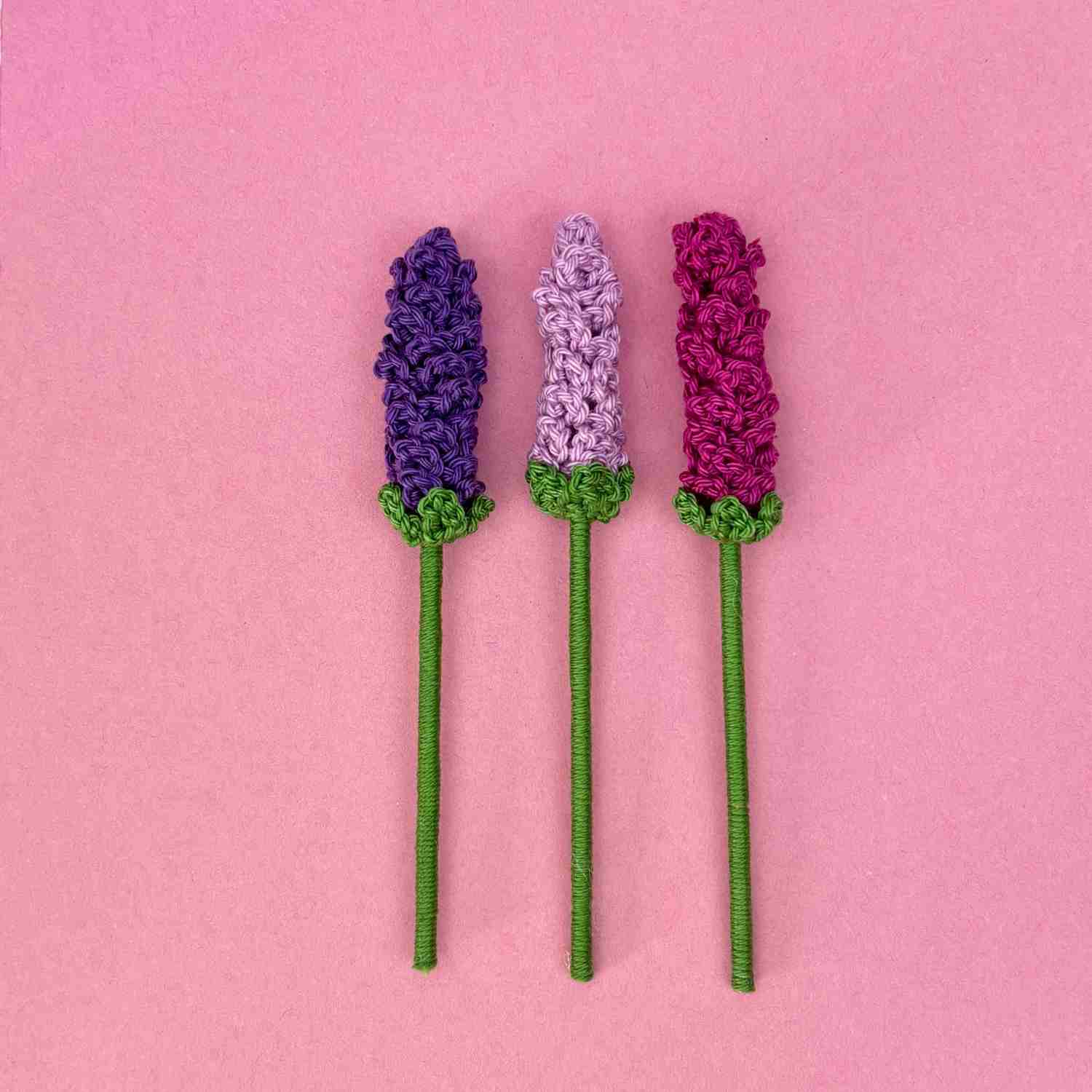 Three crochet lavender flower stems, made from free crochet lavender pattern by Lynne Rowe.
