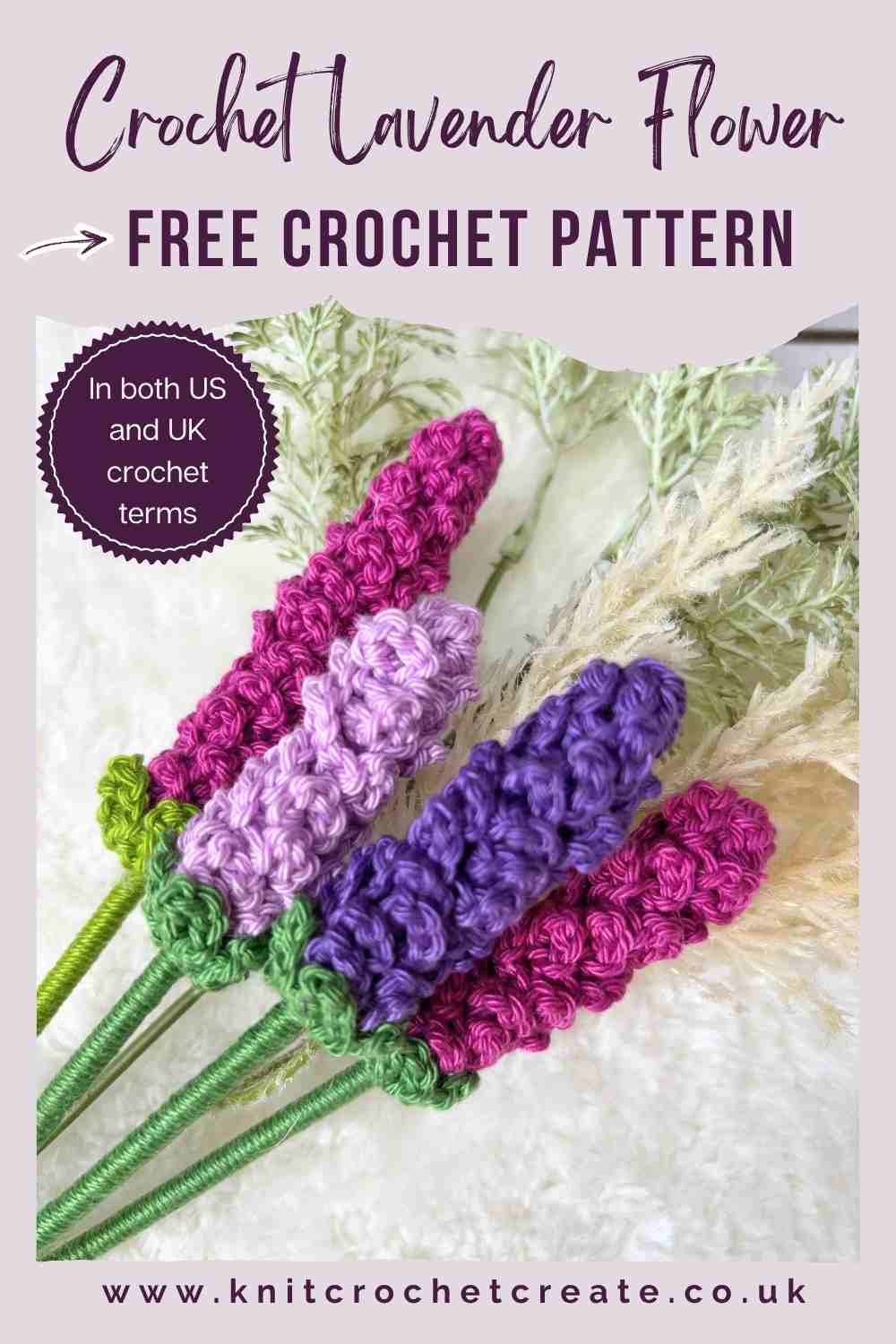 4 crochet lavender stems in different shades of purple and pink.