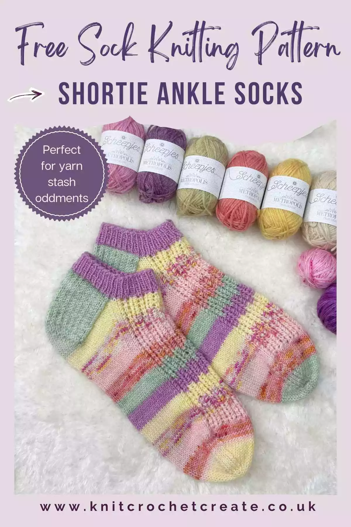 Free ankle sock knitting pattern Pin  showing pair of socks knitted in pastel stripes.
