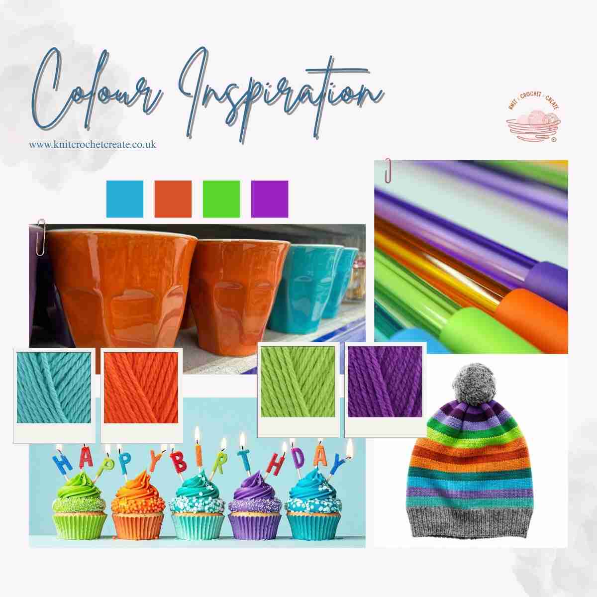 yarn colour combinations for Blue, Orange, Green and Purple, showing yarn stash colour picker shades and inspiration