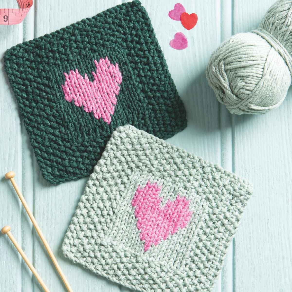Two Knitted Square Scrubbies made from free knitting pattern