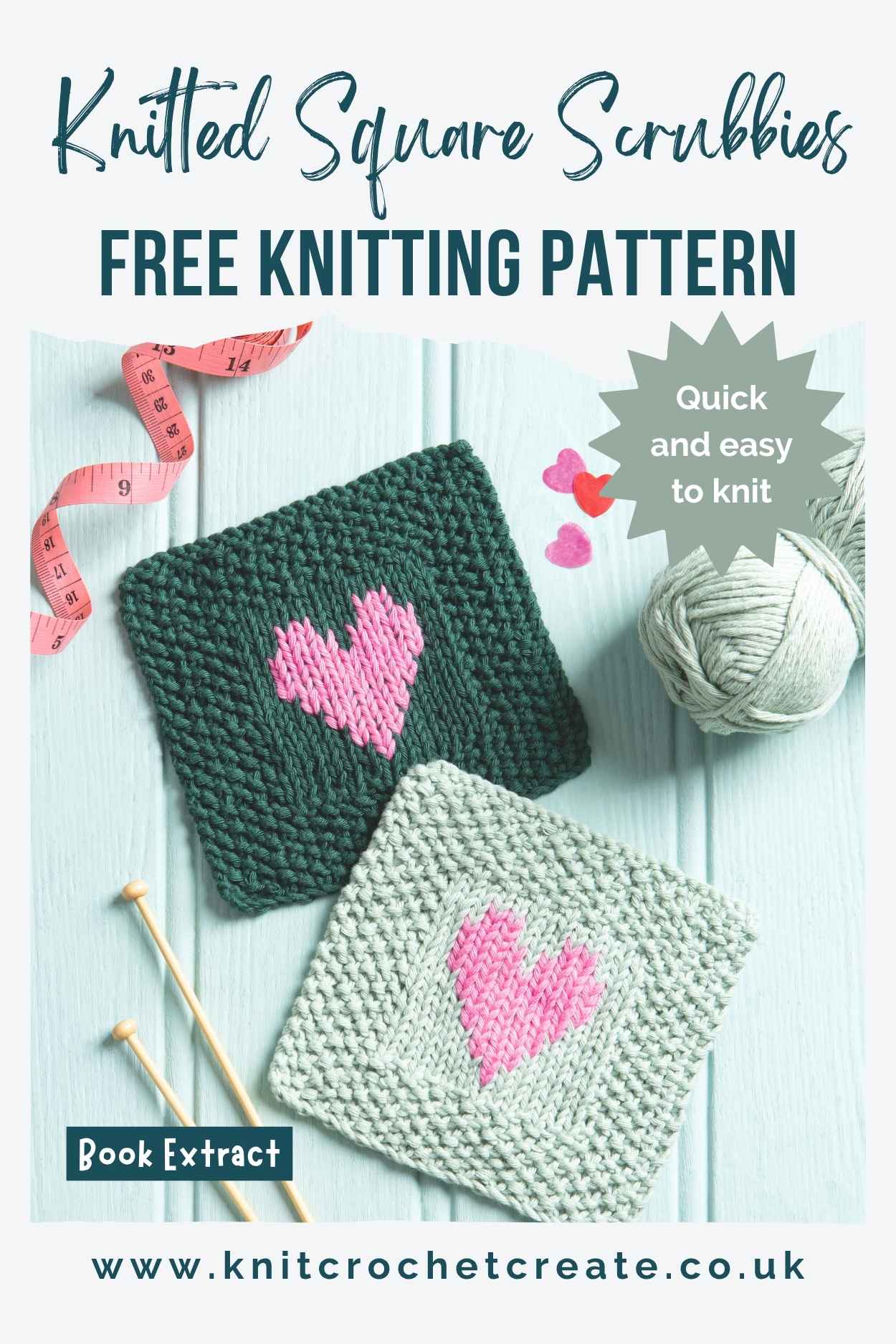 Pin for knitted square scrubby pattern with heart motif in centre in duplicate stitch