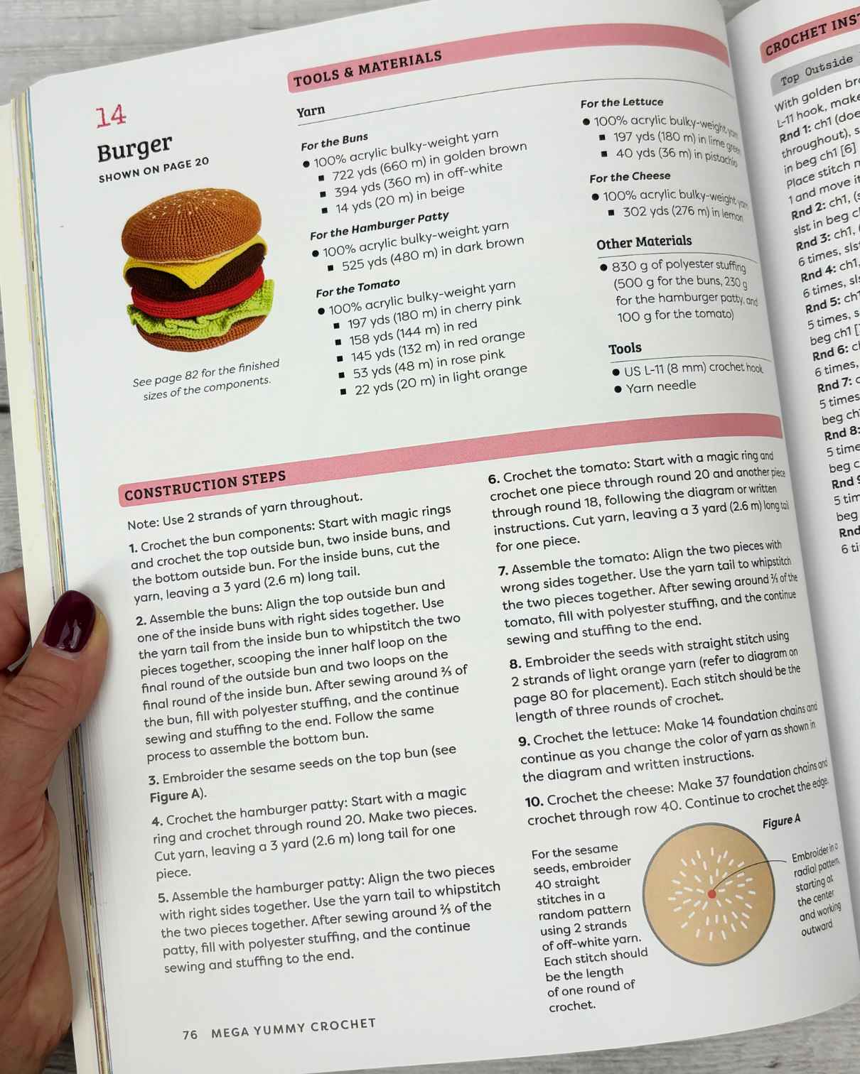 Showing pattern text close-up for amigurumi burger pieces.