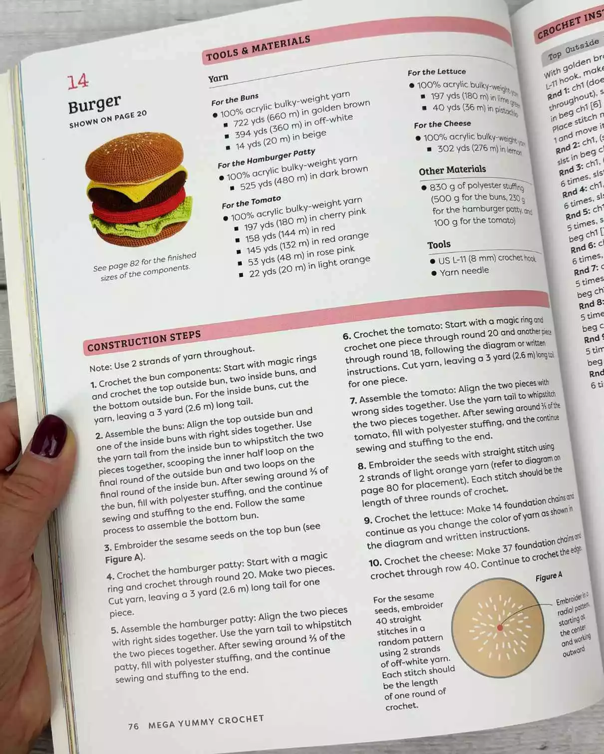 Showing pattern text close-up for amigurumi burger pieces.