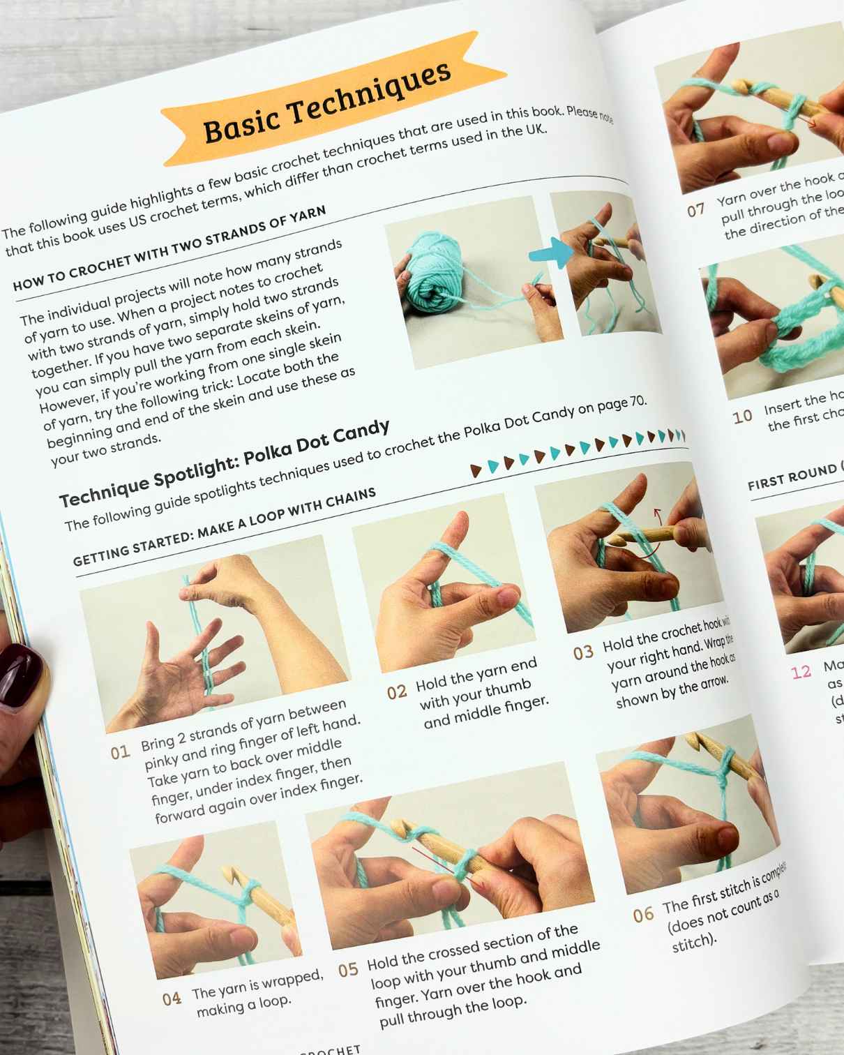 Showing close up of basic techniques used in Mega Yummy Crochet.
