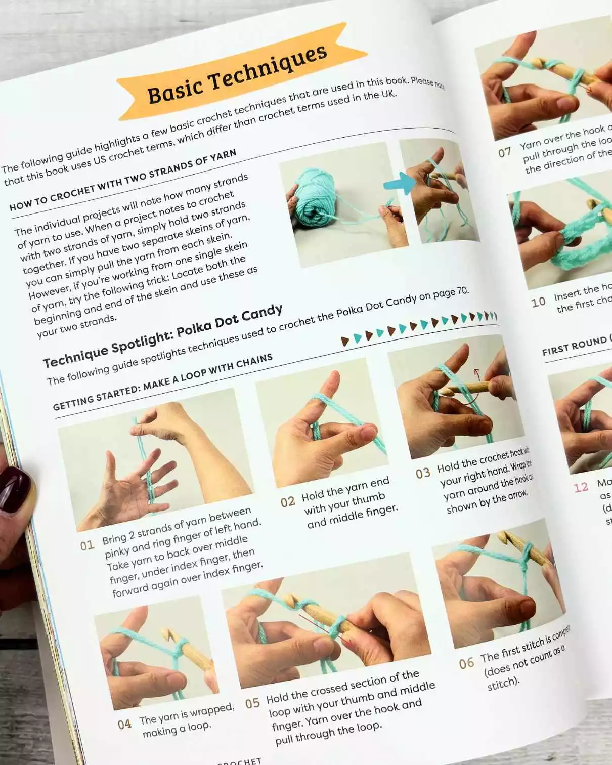 Showing close up of basic techniques used in Mega Yummy Crochet.
