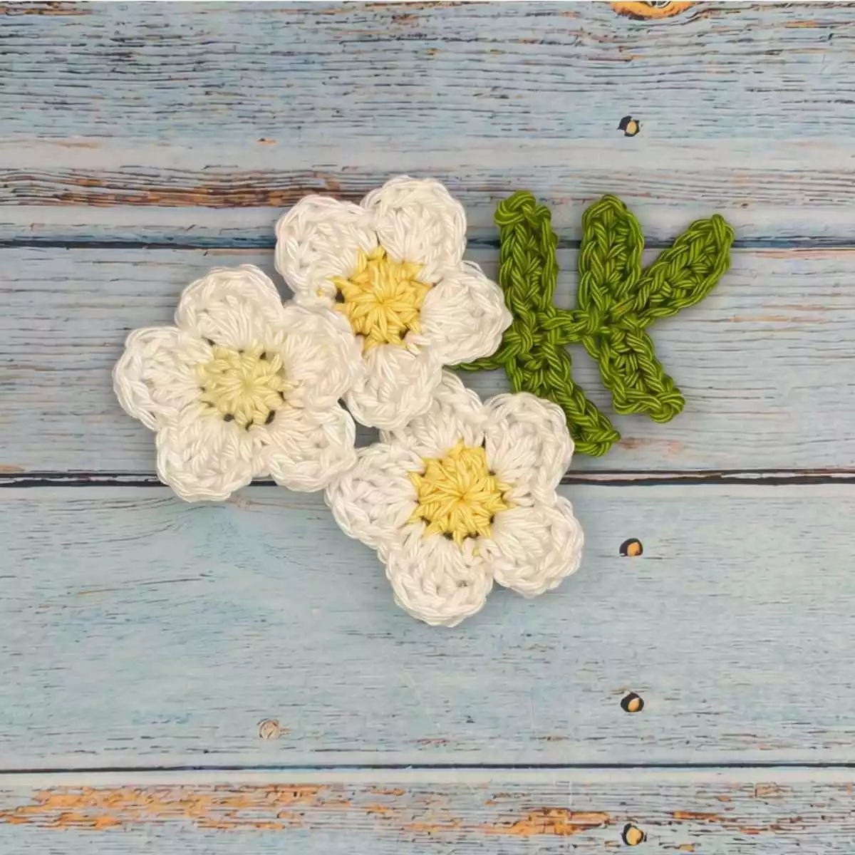 3 crochet flowers and a leaf stem.