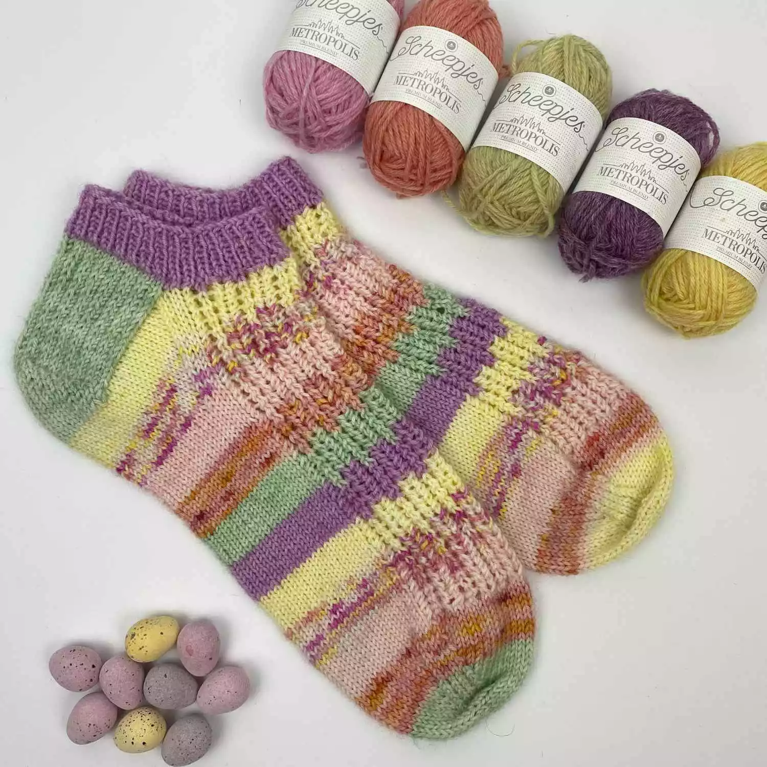 Short ankle socks knitted from free sock knitting pattern, using yarn stash oddments in pastel shades