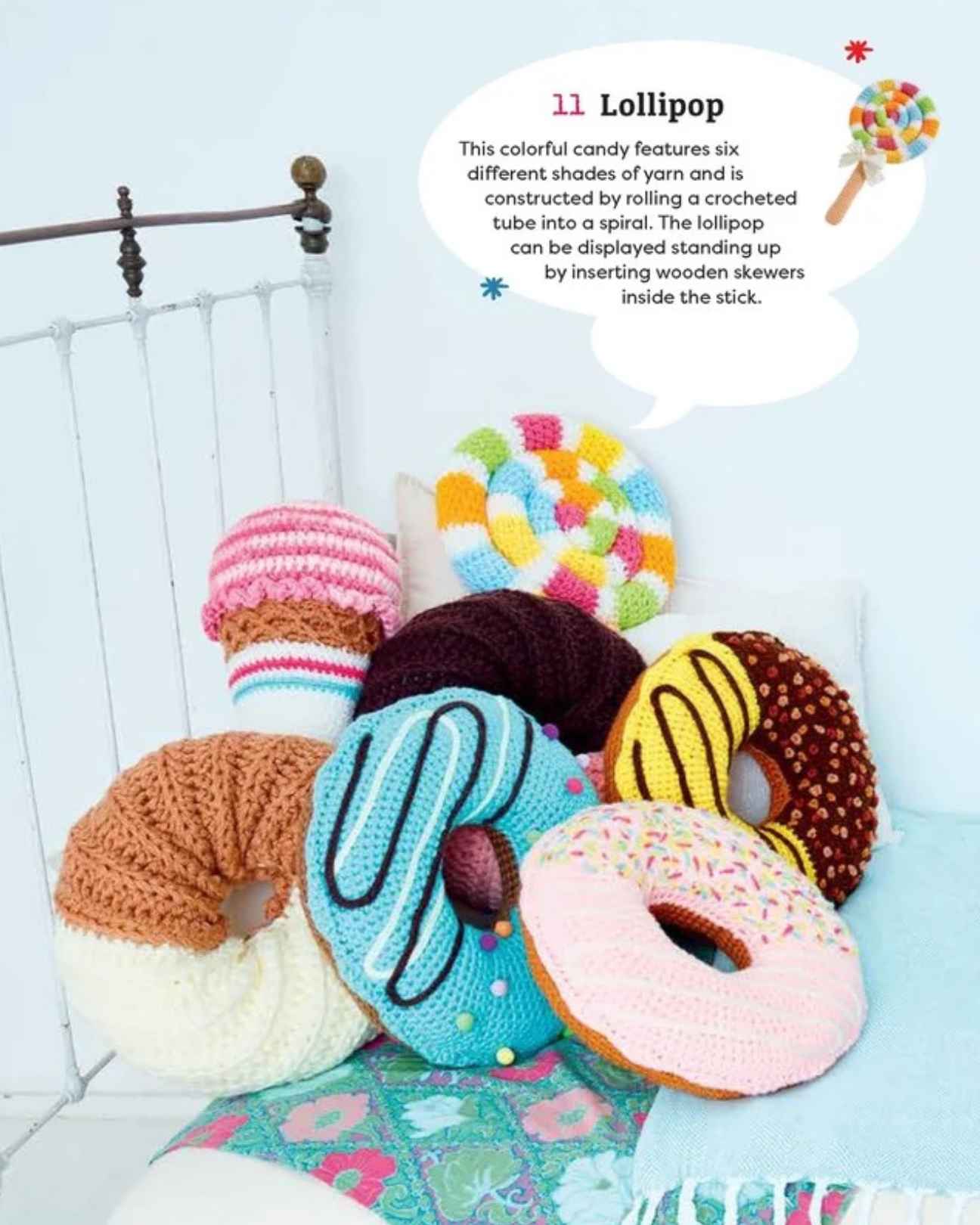 A pile of crochet donuts, ice cream and a lollipop, made from amigurumi food patterns in Mega Yummy Crochet Book.