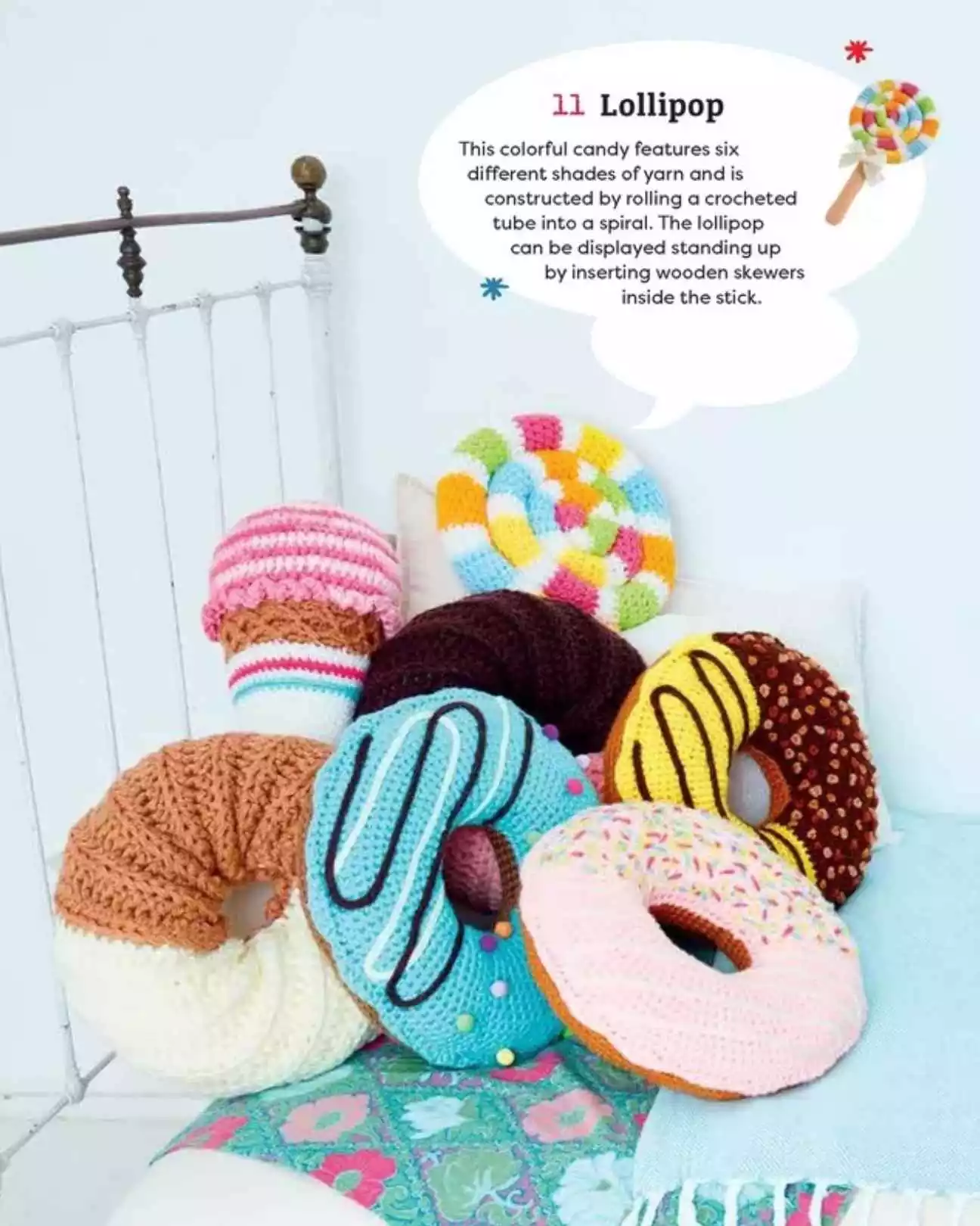 A pile of crochet donuts, ice cream and a lollipop, made from amigurumi food patterns in Mega Yummy Crochet Book.