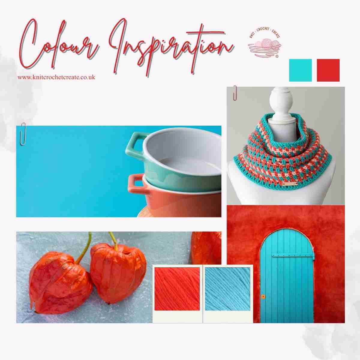 yarn colour combinations for Coral and Turquoise showing yarn stash colour picker shades and inspiration