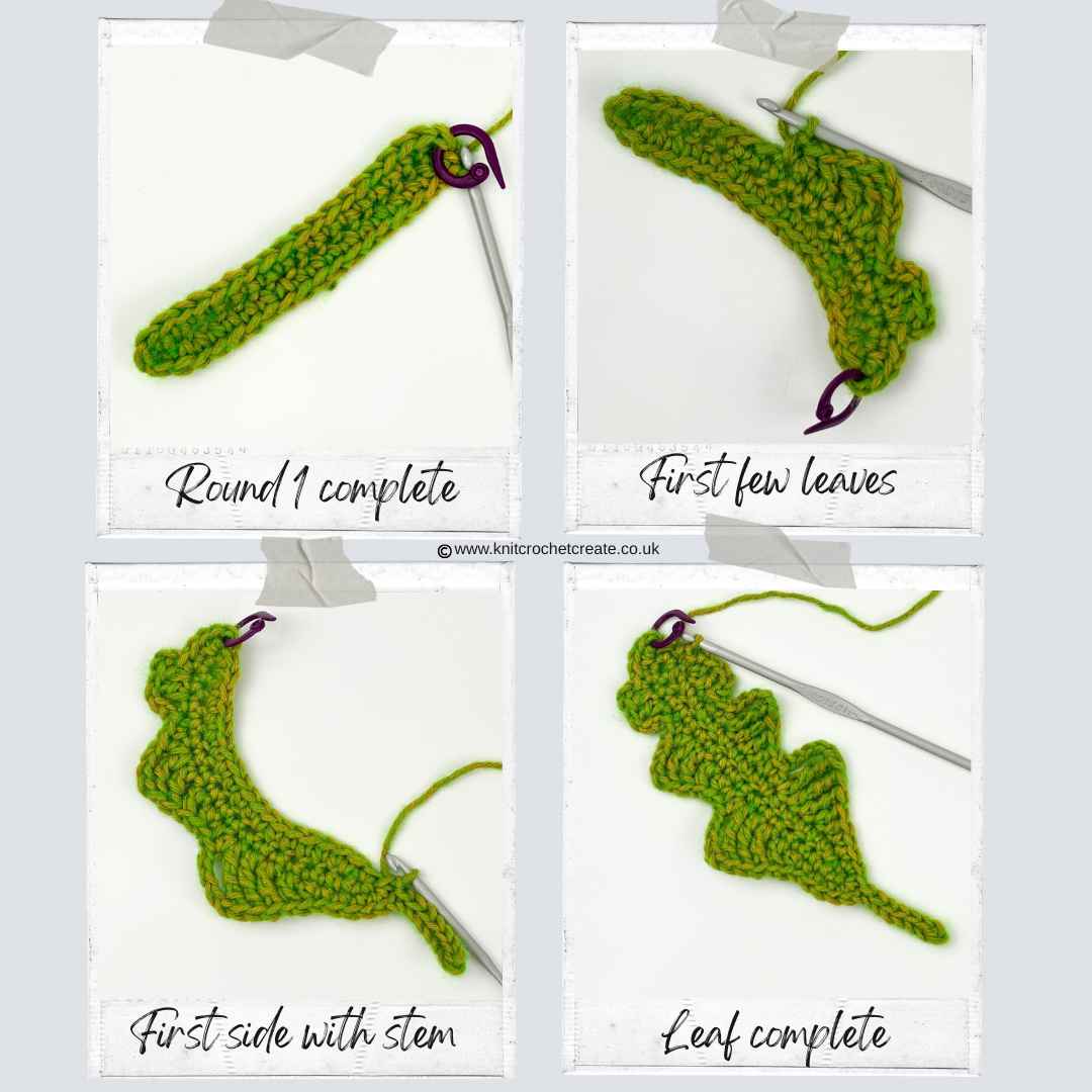Step-by-Step photo tutorial showing how to make a crochet oak leaf.