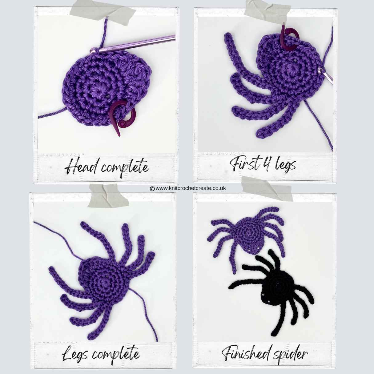 Step-by-step tutorial on how to crochet a small sider appliqué motif