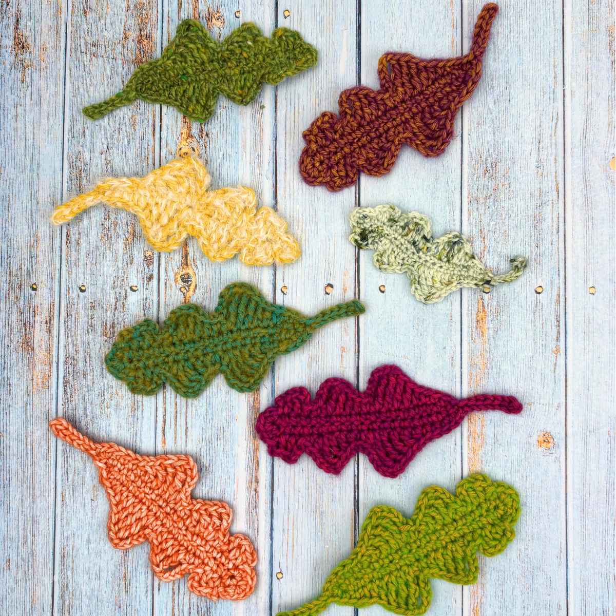Selection of crochet oak leaf motifs, made from free crochet pattern.