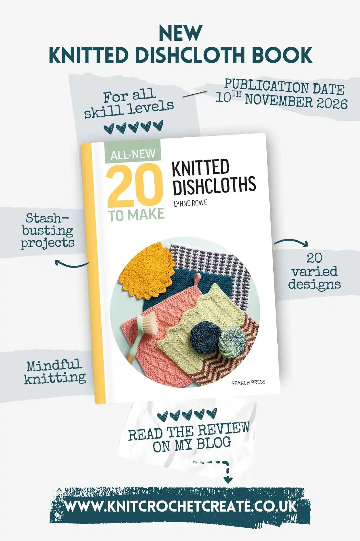 Front over of Knitted Dishcloth Book with Twenty knitting patterns